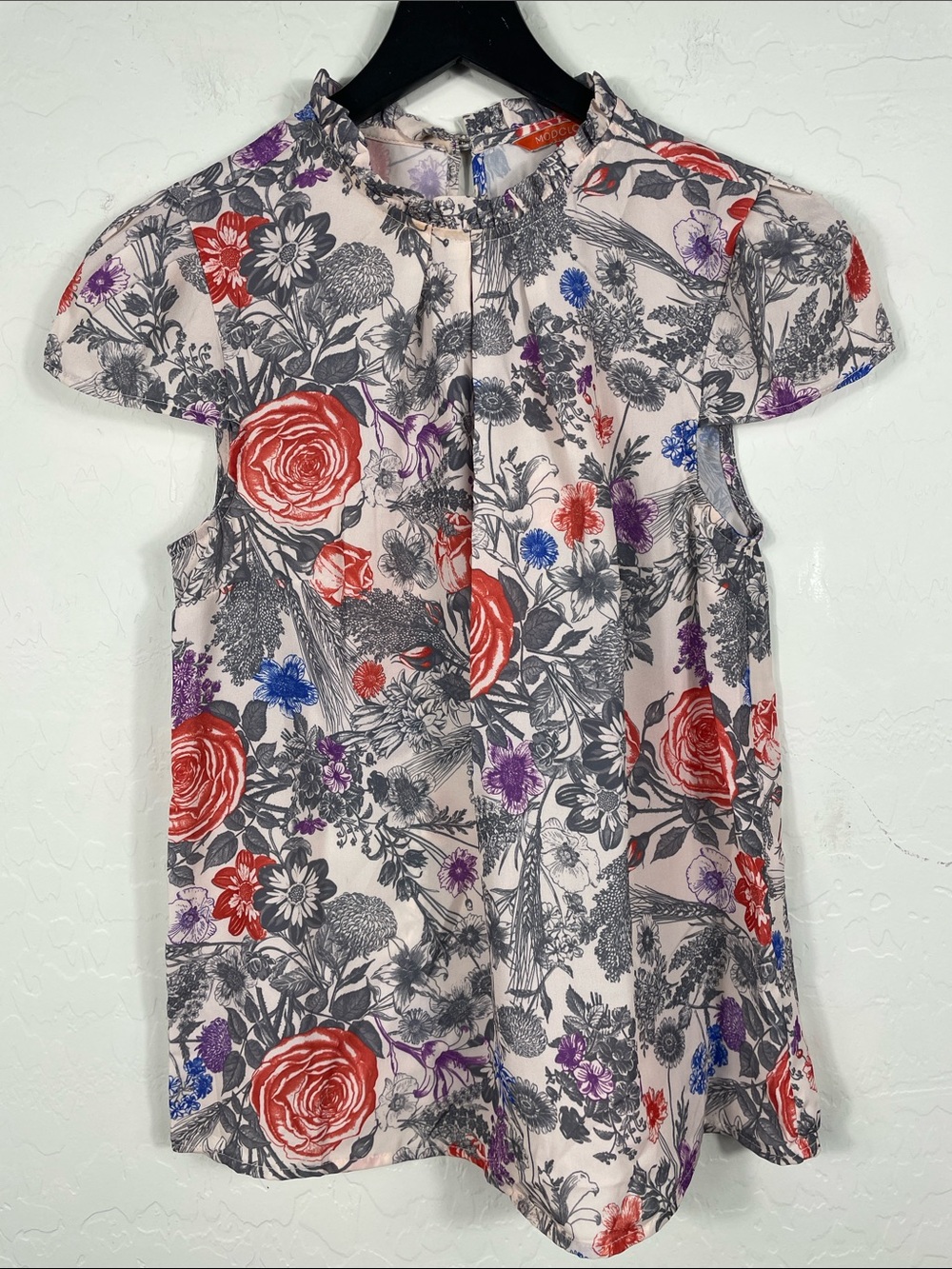 Modcloth Pink Floral Short Sleeve Blouse with Red, Purple & Blue Flowers